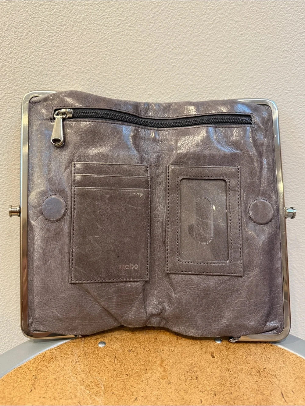 Gray Leather Hobo Laure Double Frame Clutch Wallet
